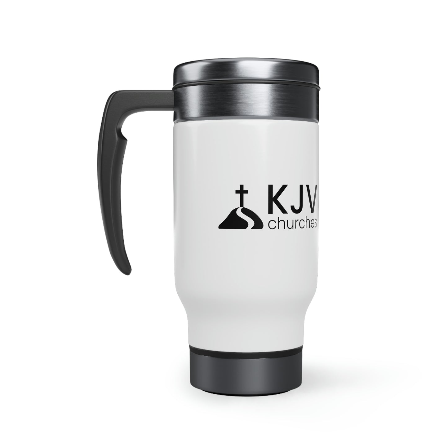 "Lion of Juda" Stainless Steel Travel Mug with Handle, 14oz w/ KJV Churches logo