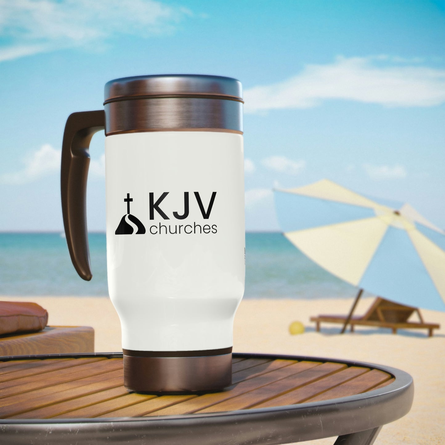 "Lion of Juda" Stainless Steel Travel Mug with Handle, 14oz w/ KJV Churches logo