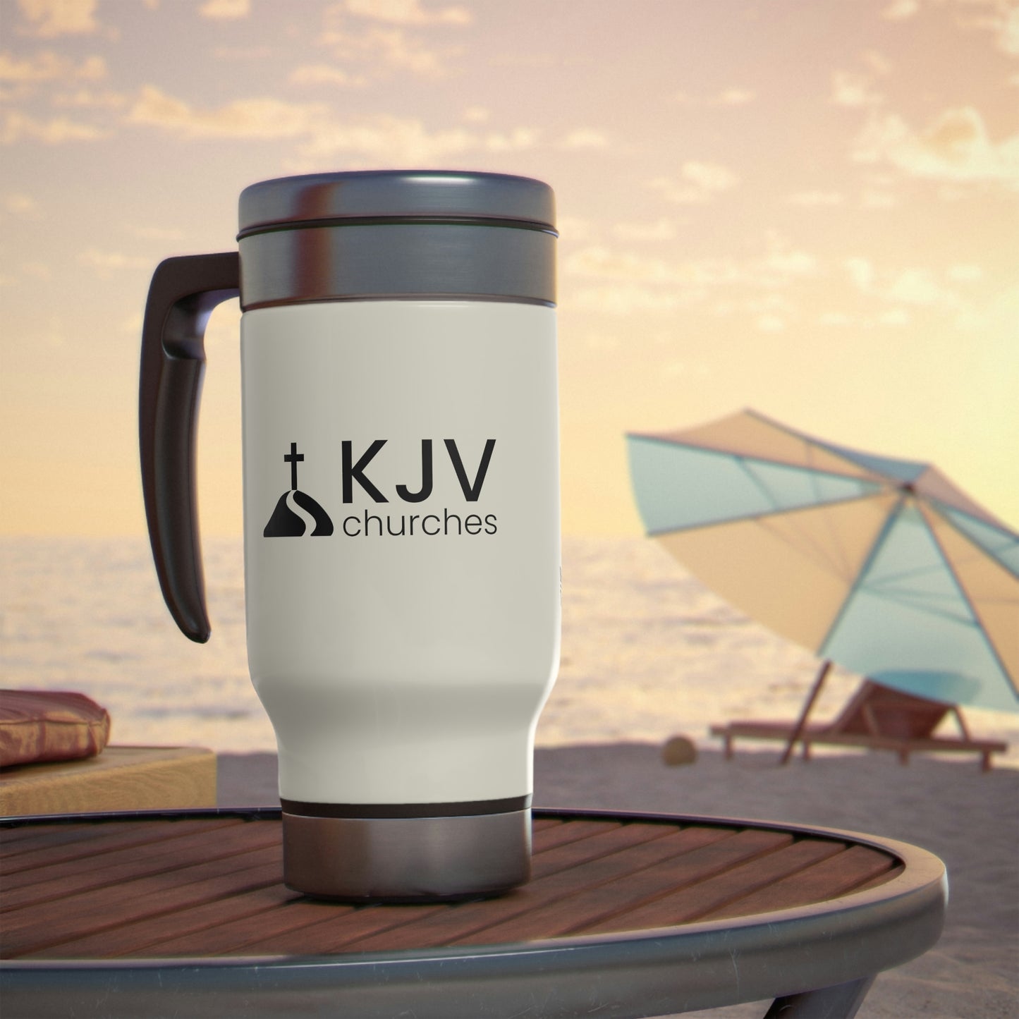 "Lion of Juda" Stainless Steel Travel Mug with Handle, 14oz w/ KJV Churches logo