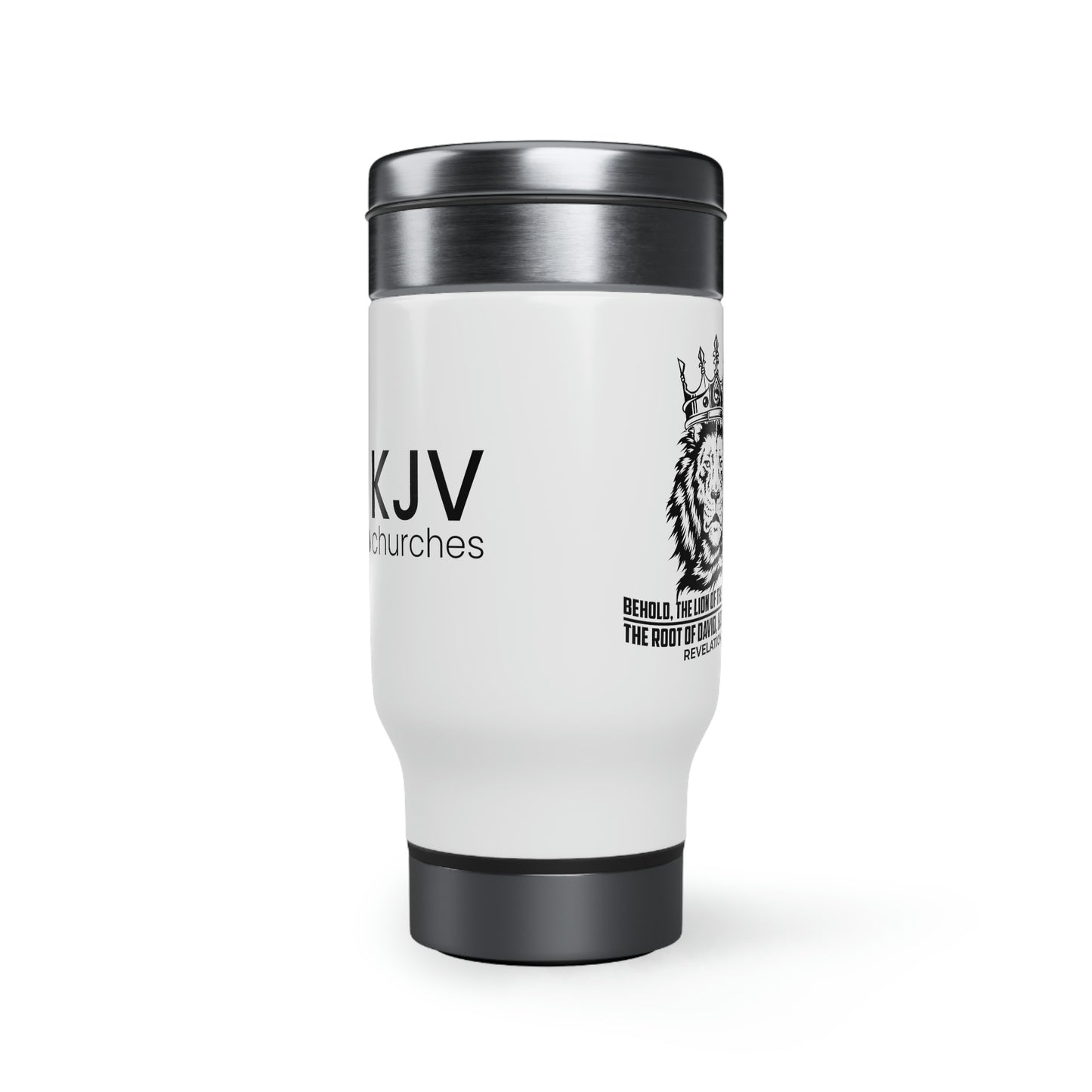 "Lion of Juda" Stainless Steel Travel Mug with Handle, 14oz w/ KJV Churches logo